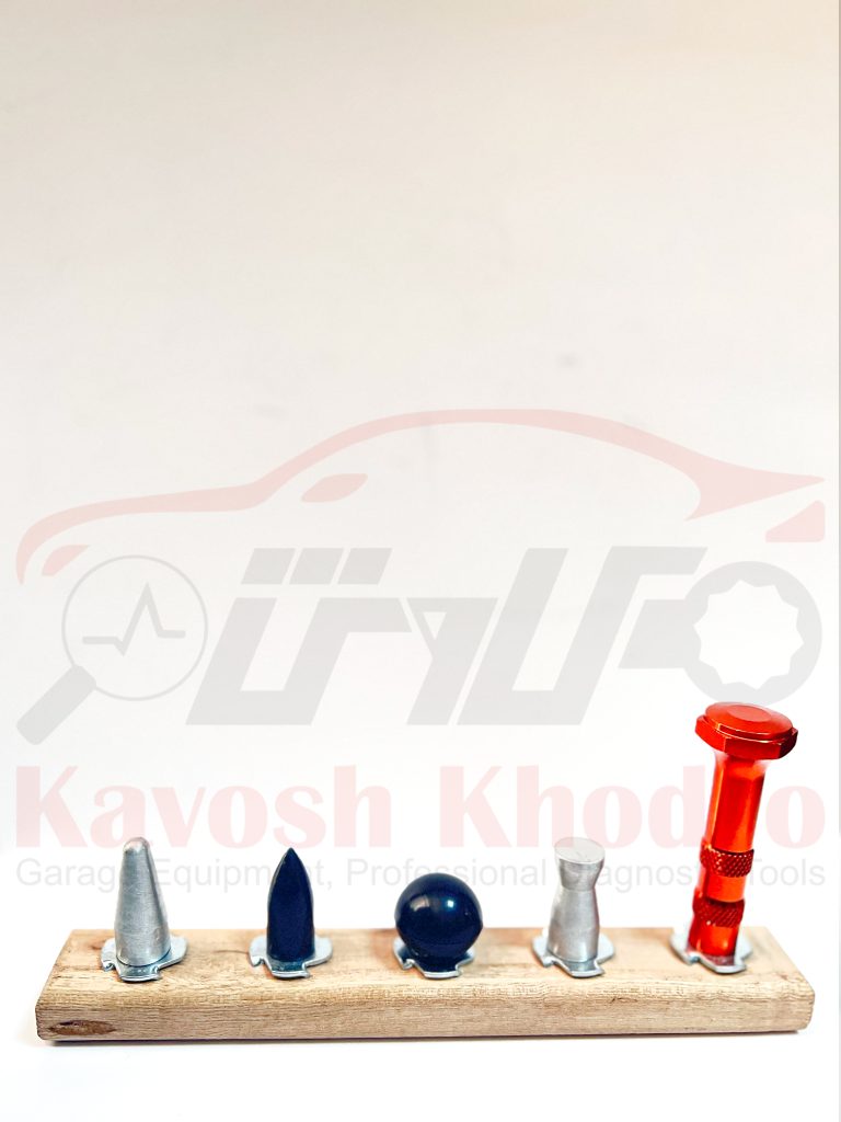 قلم فلزی، به همراه 4 عدد سری چکش و میله، با پایه چوبی